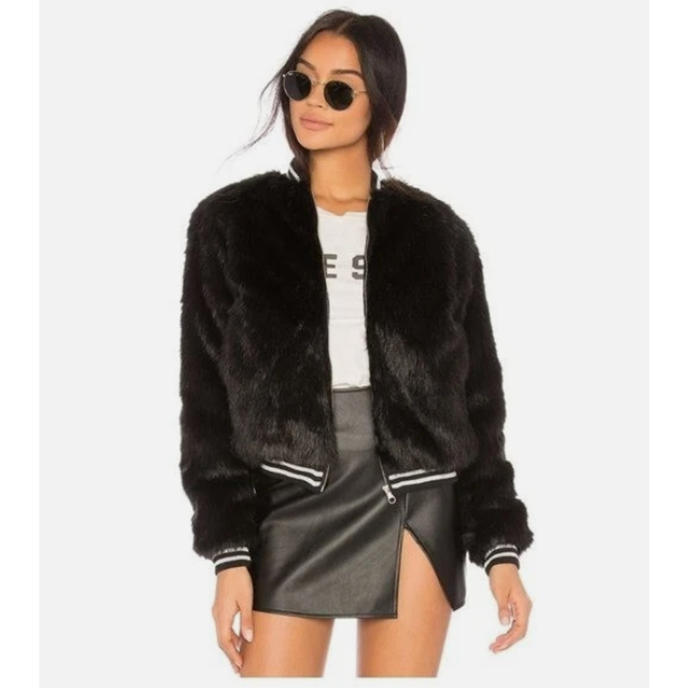 MOTHER Women's The Letterman Faux Fur Bomber Jacket Black - Size Medium